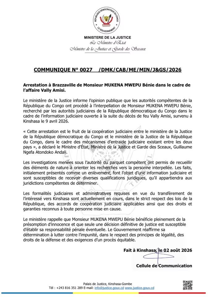 Justice | Un suspect clé de l’affaire Vally Amisi arrêté à Brazzaville